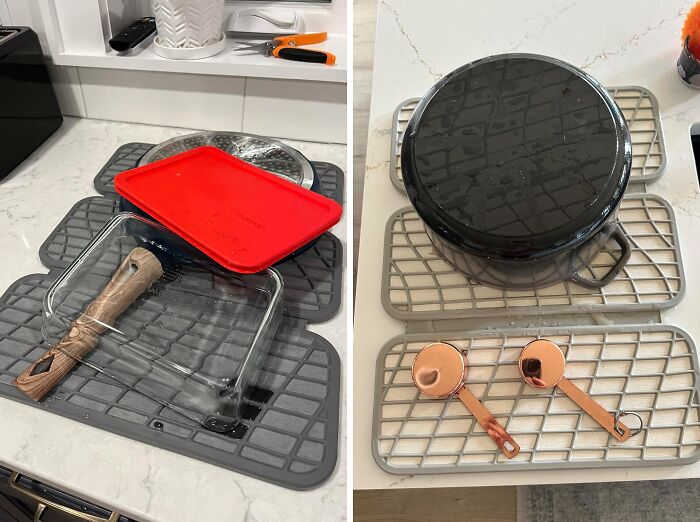 Flexible drying mats holding kitchen tools and cookware, showcasing genuinely clever kitchen problem-solvers for organization.