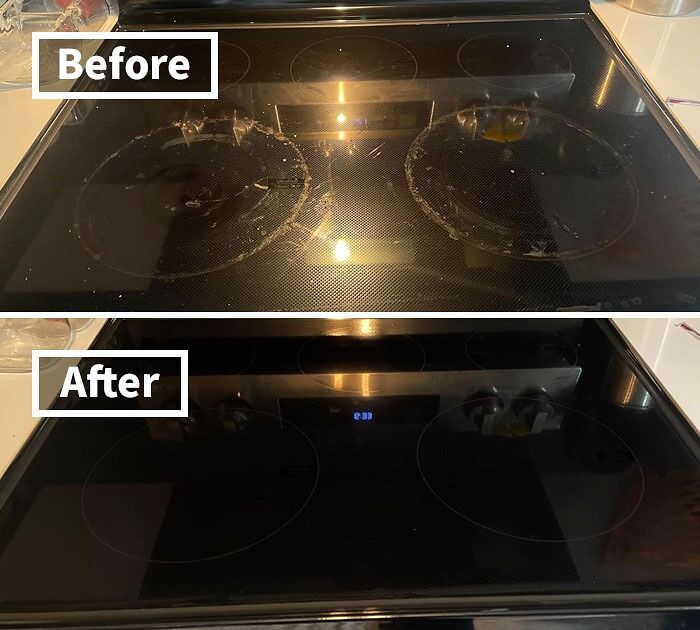 Before and after images of a glass stovetop cleaned using simple cleaning hacks for people mildly allergic to effort.