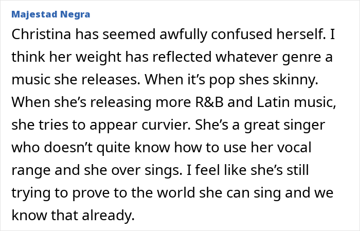 Comment discussing Christina Aguilera’s changing weight and diet fueling Ozempic overuse speculation. Comment discussing Christina Aguilera’s changing weight and diet fueling Ozempic overuse speculation.