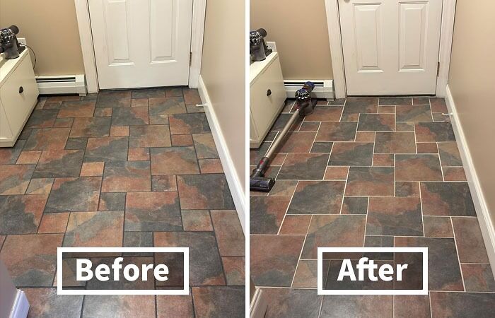 Before and after cleaning photos of a tiled floor showcasing easy cleaning hacks for people mildly allergic to effort.