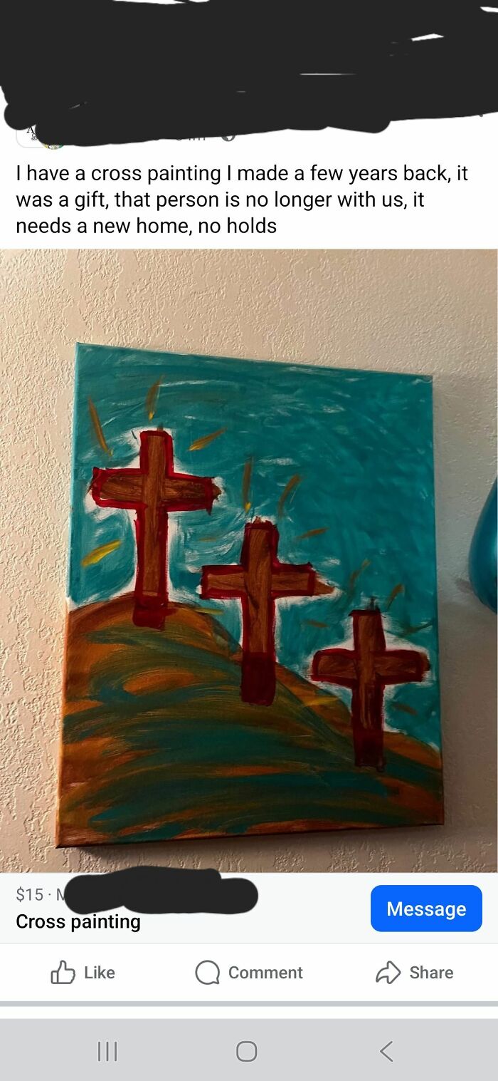 Hand-painted DIY cross painting with three crosses on a hill, featured in craft shaming horrendous DIY projects collection.
