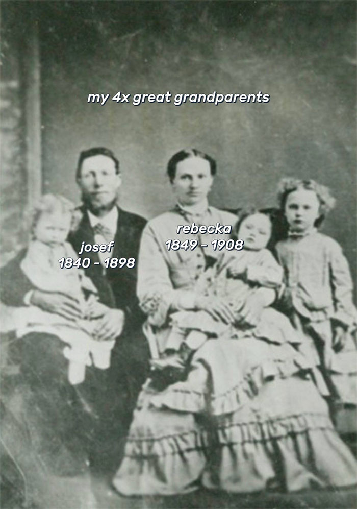 Black and white vintage photo of four people representing a family historian's 4x great grandparents and family tree.