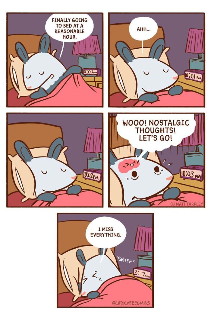 Animal comic showing a mouse struggling to sleep, experiencing nostalgic thoughts and missing everything late at night.