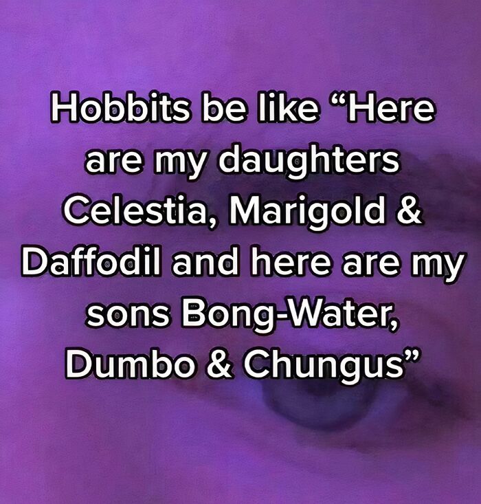 Funny Lord of the Rings meme about hobbits naming their quirky daughters and sons with unusual names.