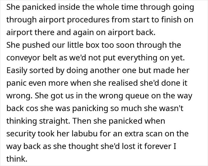 Text excerpt describing a mom venting online about a 6-leg flight with a kid who traumatized her during airport procedures.