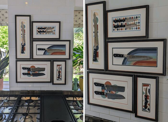 Framed kitchen knife art arranged in a creative, genius real-world design on a tiled wall above a stove.