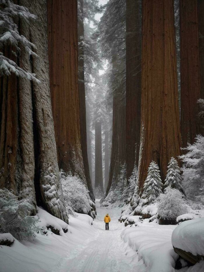 A person in a yellow coat walks through a snowy forest path, dwarfed by extremely large, eerie giant sequoia trees.