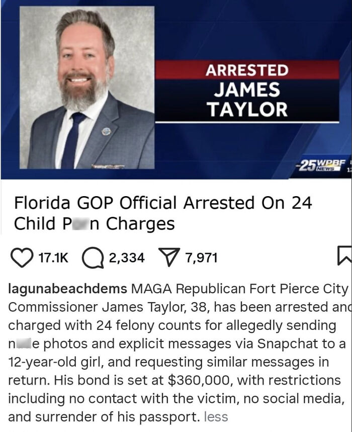 News graphic showing arrested Florida GOP official James Taylor amid failed attempt moments and scandal headlines.
