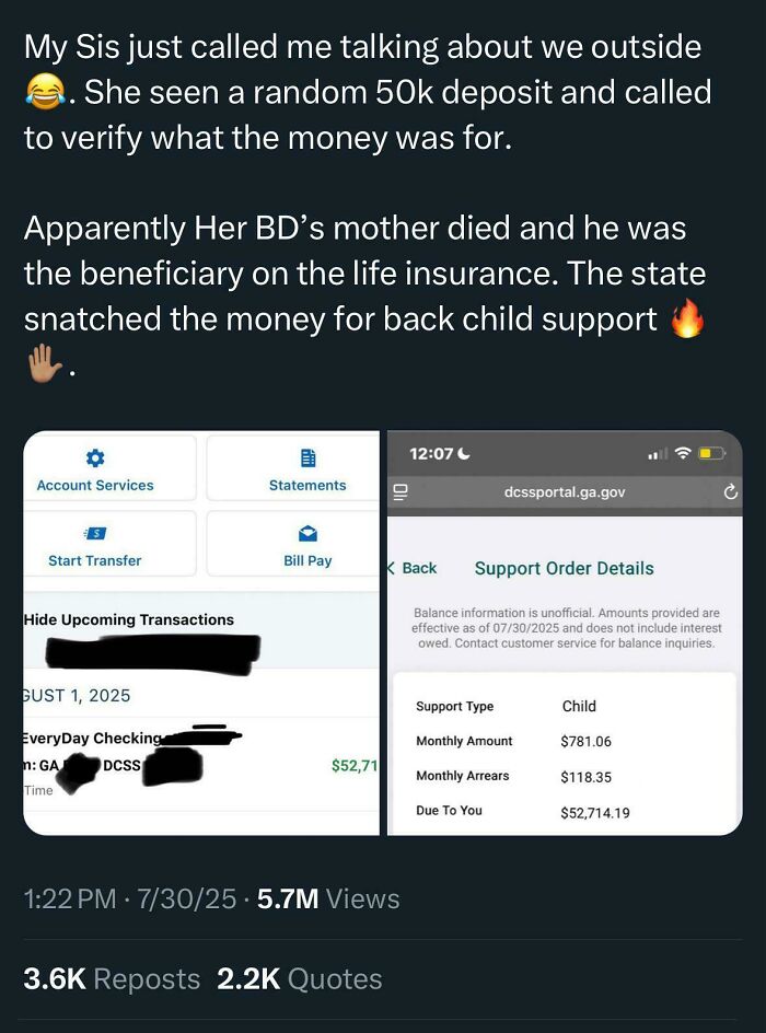 Screenshot of failed attempt where life insurance payout was seized for back child support debt, showing support order details and transaction.