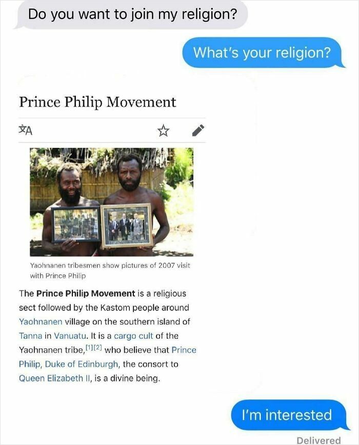 Text message exchange about joining a funny religion with a meme referencing life in the UK and the Prince Philip Movement.