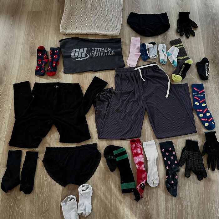 Various stolen laundry items including socks, pants, underwear, and gloves laid out on a wooden floor by a cat stealing laundry. - 7