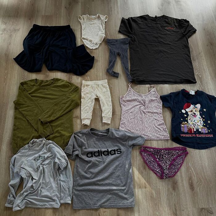 Various clothing items laid out on the floor, illustrating laundry stolen by a cat in the neighborhood. - 9