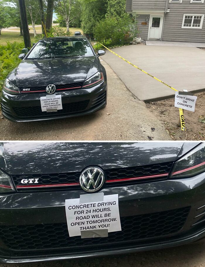 Black Volkswagen GTI parked near wet concrete with unhinged neighbors notes warning not to drive on drying concrete.