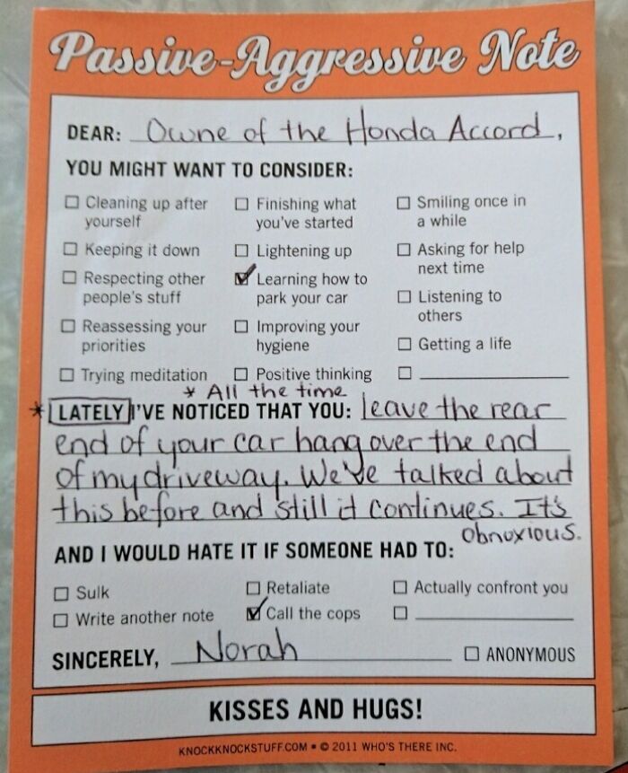 Passive-aggressive neighbor's note about parking issues among unhinged neighbors’ notes that made living hard but never boring