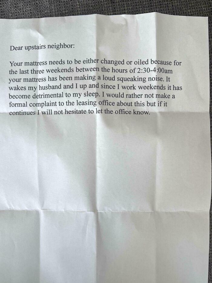 Note from neighbor about mattress squeaking late at night disrupting sleep, part of unhinged neighbors’ notes collection.