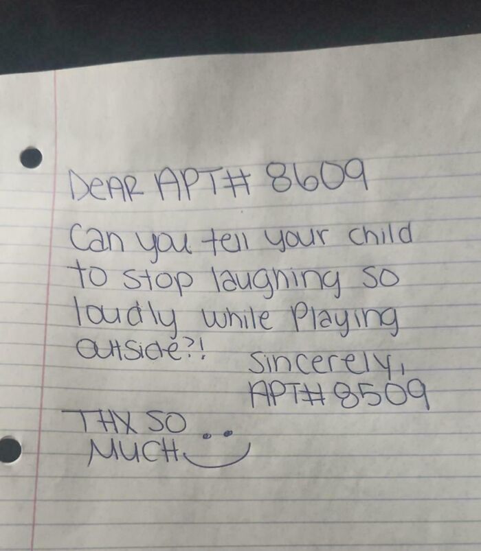 Handwritten neighbors’ note politely asking apartment 8609 to quiet their child playing outside, showcasing unhinged neighbor behavior.