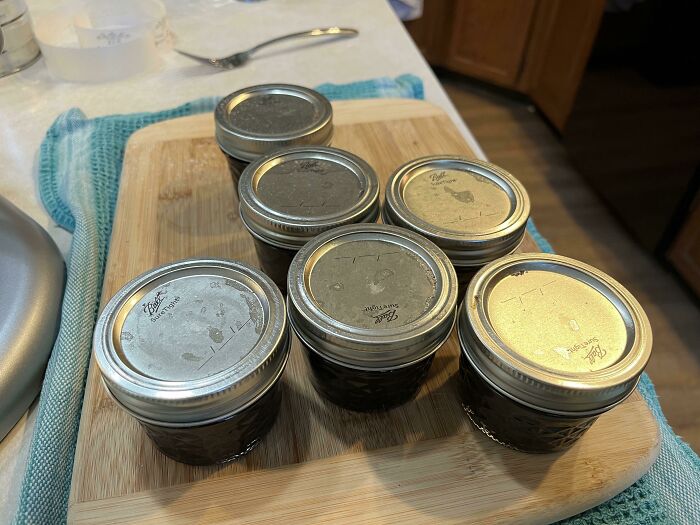 Six sealed glass jars on a wooden board in a kitchen, showcasing unusual items seen in someone else’s home. - 4