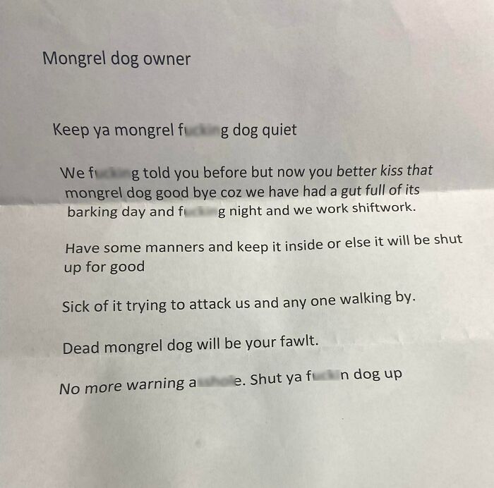 Note from unhinged neighbor demanding to keep their mongrel dog quiet due to barking and disturbance complaints.