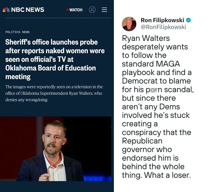 News headline about Oklahoma official's TV incident with text commentary on political scandal and conspiracy theories.