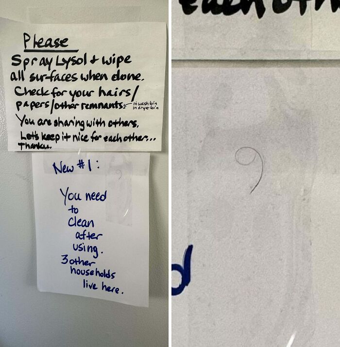 Handwritten unhinged neighbors’ notes reminding to clean shared spaces and check for hairs and paper remnants after use.