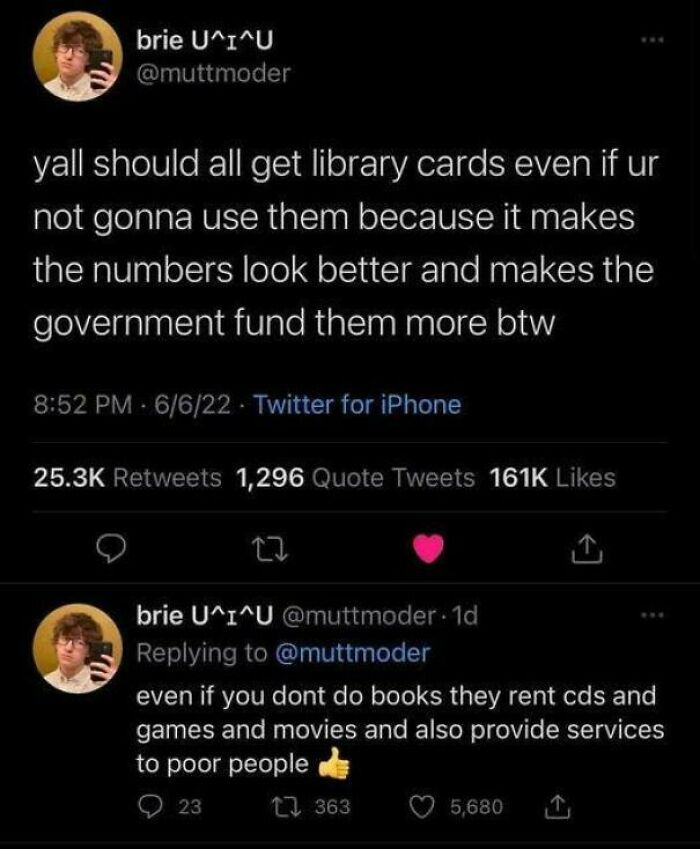 Twitter post encouraging getting library cards to support funding, illustrating chaotic good actions in a unique way.