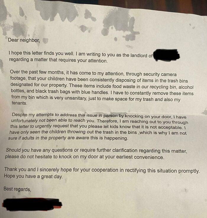 Note from landlord confronting neighbors about children improperly disposing of trash, showcasing unhinged neighbor interactions.