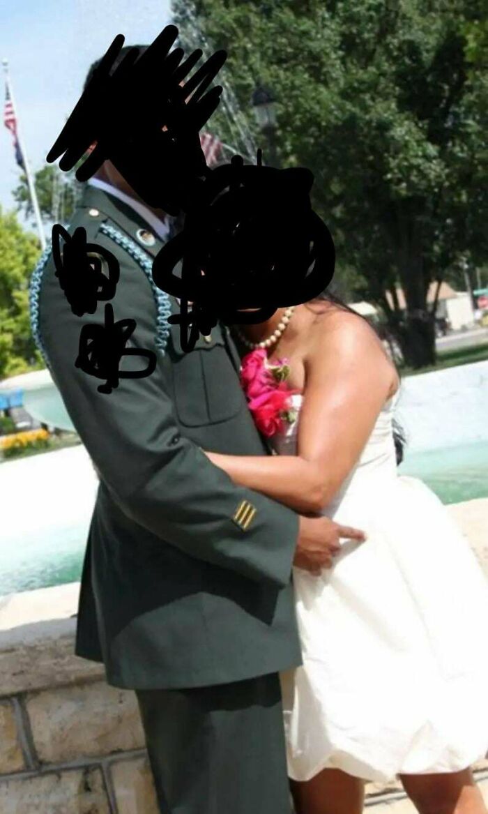 Bride in white dress hugging groom in military uniform outdoors, example of worst brides and grooms shamed at weddings