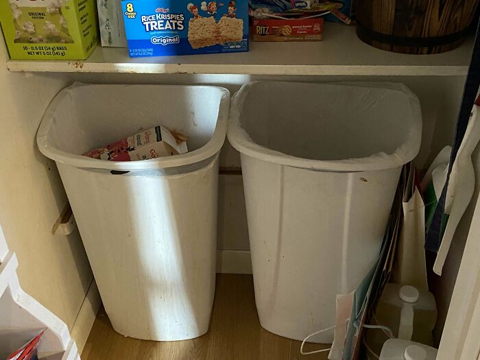 Two white trash bins under a kitchen shelf with snacks, showing a strange home organization sight. - 19