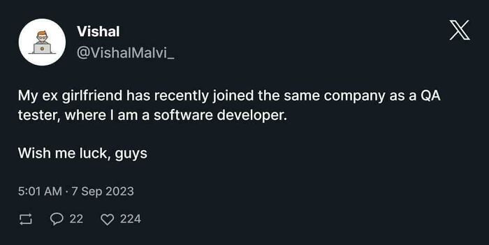 Tweet about ex-girlfriend joining same company as QA tester while author is software developer, highlighting programming and computer science humor.