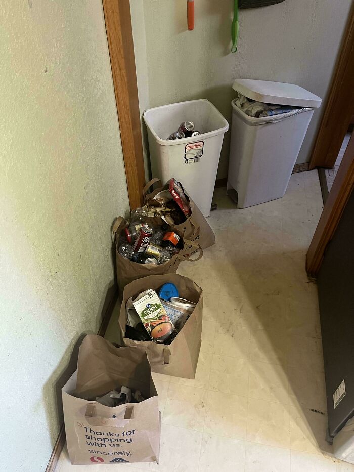 Bags and bins filled with trash and recyclables in a narrow home hallway, showing a weird home clutter scene. - 27