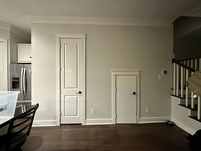 Interior of a home featuring two unusual mismatched doors of different sizes on the same wall, showcasing weird home design. - 29
