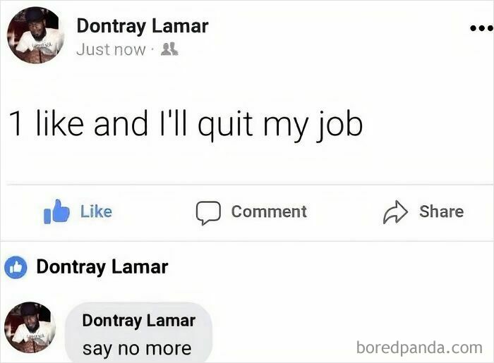 Facebook post meme about quitting a job with humorous work memes related to retirement and work life.