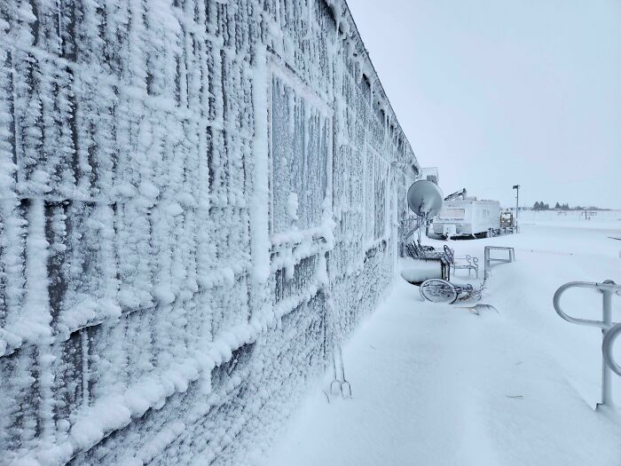 Snow and ice covering the side of a building and outdoor objects, showing wild Mother Nature on its own terms.