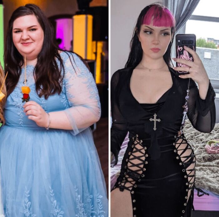 Before and after plastic surgery transformation showing dramatic weight loss and style change from mom to Beverly Hills housewife look.