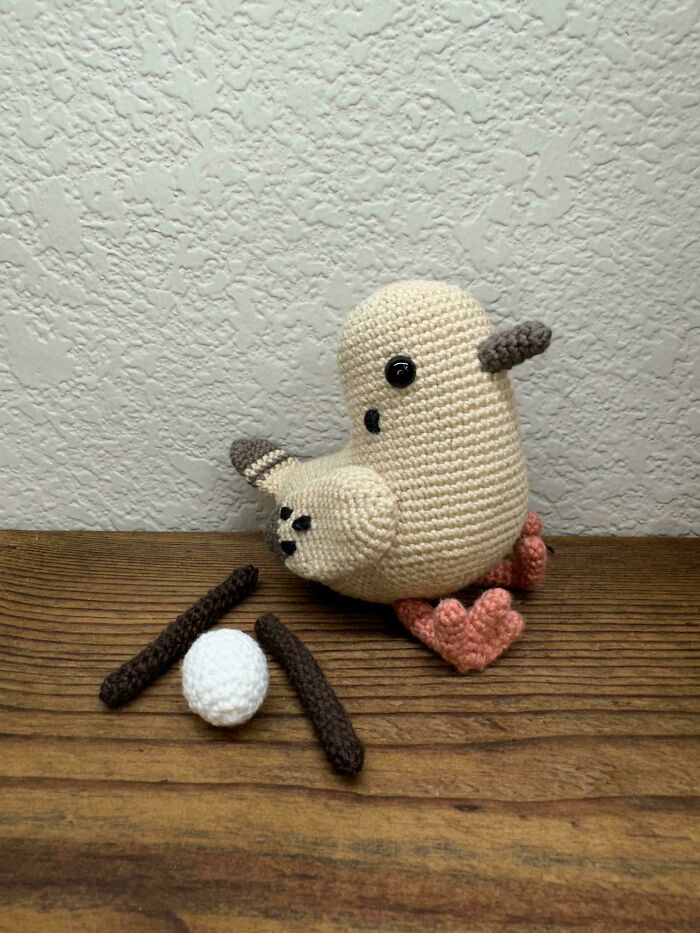 Crochet enthusiast made an incredible amigurumi bird with detailed wings, beak, and feet displayed on a wooden surface.