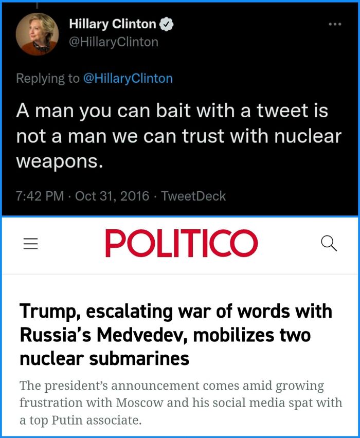 Screenshot showing Hillary Clinton tweet about nuclear weapons trust, and Politico headline on Trump mobilizing nuclear submarines.
