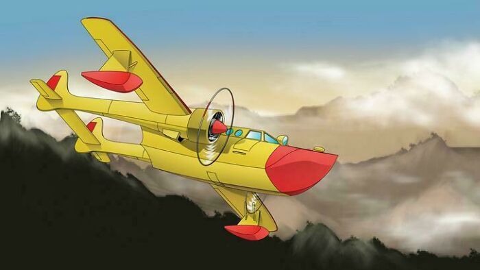 Animated yellow plane flying over mountains 90s nostalgic memes