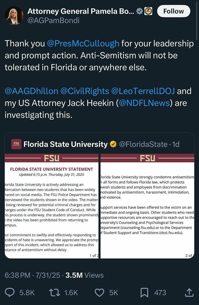 Tweet from Attorney General about failed antisemitism incident investigation at Florida State University with official statement screenshot.