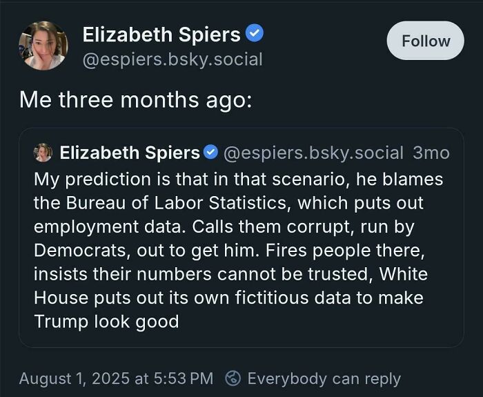 Screenshot of a social media prediction about political employment data, highlighting accuracy of aged like wine predictions.