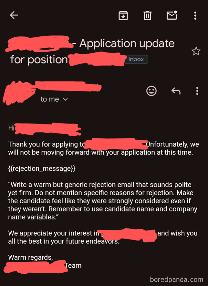 Screenshot of a generic job rejection email exposing corporate impersonal communication