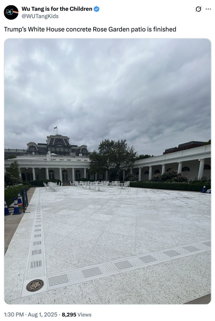 White House Rose Garden patio finished with concrete, empty chairs under a cloudy sky, showing courage to tweet the update.