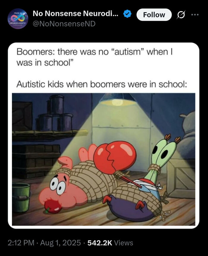 Tweet showing a SpongeBob scene with characters tied up, highlighting courage to tweet what others could not about autism.