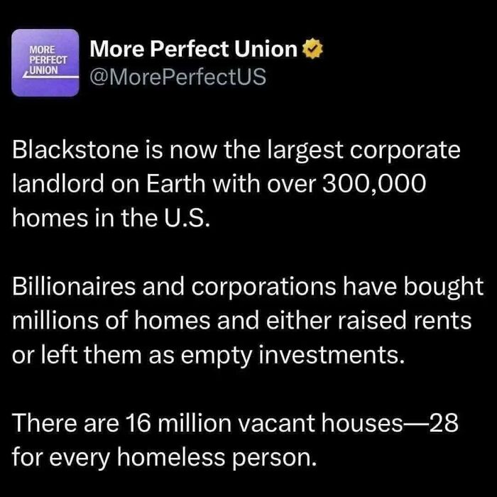 Screenshot of tweet highlighting corporate landlords owning millions of homes, reflecting modern life and boring dystopia themes.