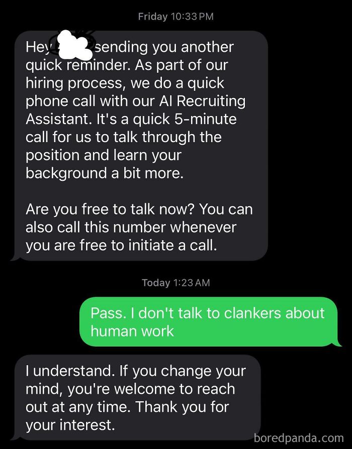 Text message exchange showing refusal to engage with an AI recruiting assistant, highlighting outrageous job requirements.