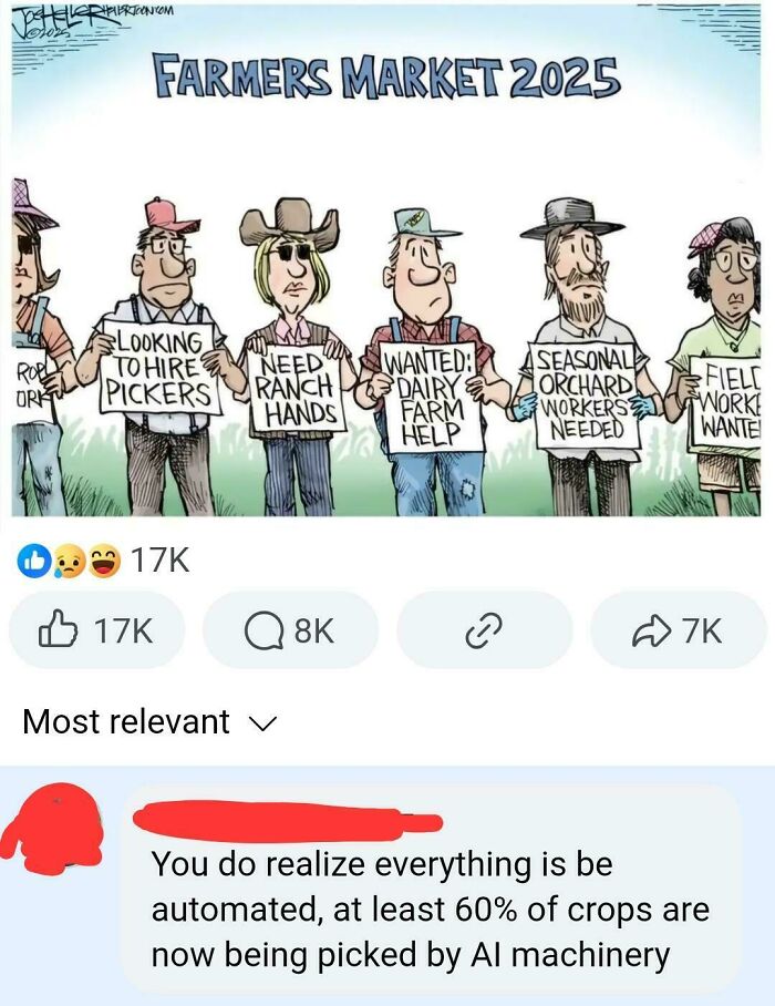 Cartoon showing farmers holding signs for farm help jobs in 2025 with comment about AI crop picking in a roast thread.
