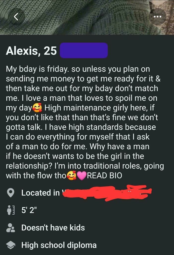 Screenshot of a dating profile showing a woman with delusional and crazy behavior called out online for high maintenance demands.