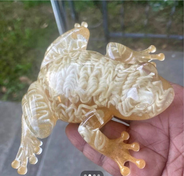 Clear resin frog sculpture filled with instant noodles, showcasing awful taste but great e*******n in design.