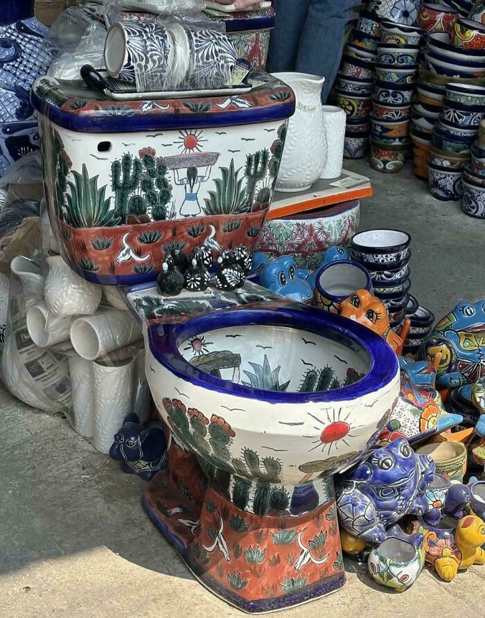 Colorful hand-painted ceramic toilet with cactus and sun designs, showcasing funny examples of awful taste but great e*******n.