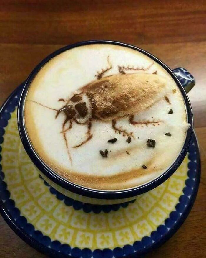 Latte art depicting a realistic cockroach on coffee foam, an example of awful taste but great e*******n.