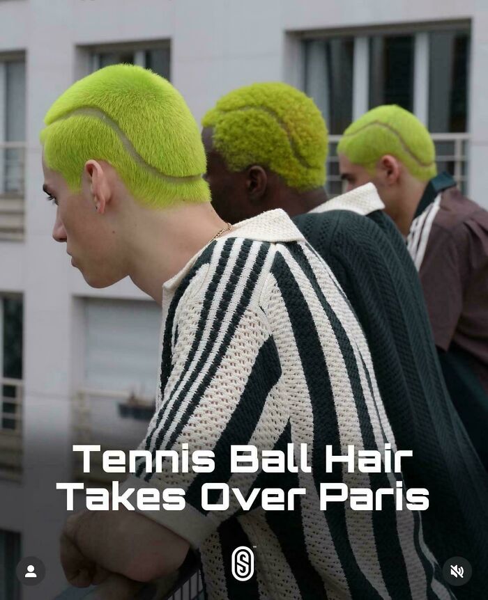 Three men with bright green tennis ball inspired hair, showcasing funny examples of awful taste but great e*******n in style.